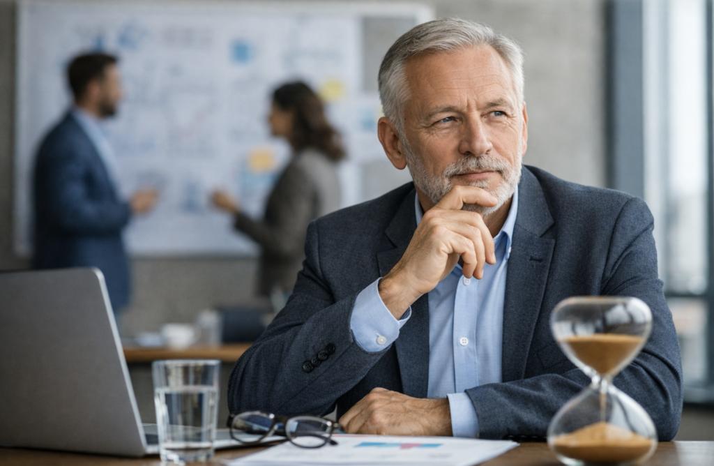 Senior medarbejder i refleksion på arbejdspladsen, der symboliserer erfaring og dømmekraft i arbejdslivet