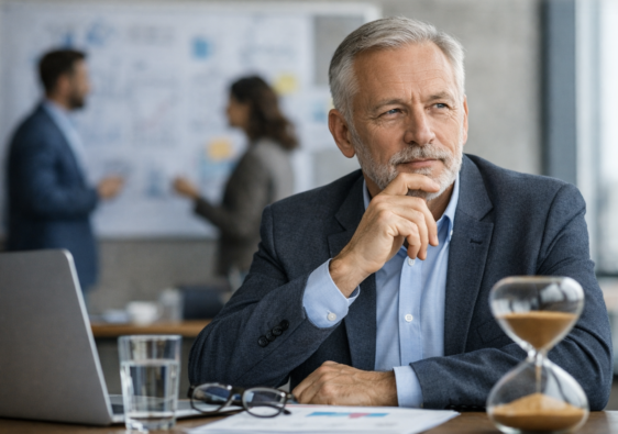 Senior medarbejder i refleksion på arbejdspladsen, der symboliserer erfaring og dømmekraft i arbejdslivet