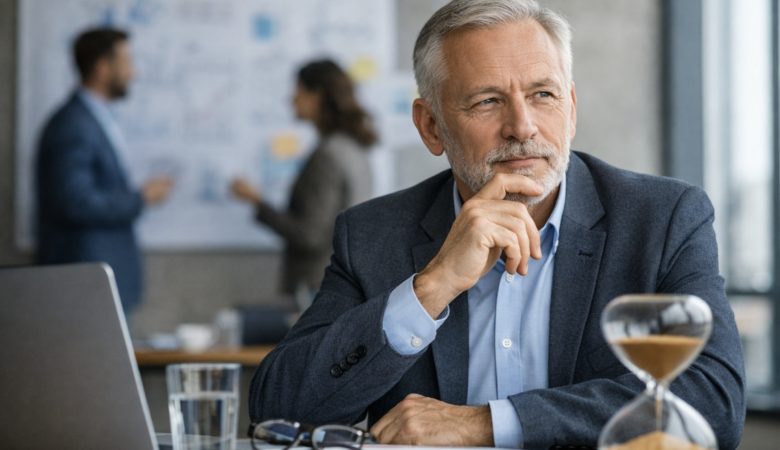Senior medarbejder i refleksion på arbejdspladsen, der symboliserer erfaring og dømmekraft i arbejdslivet