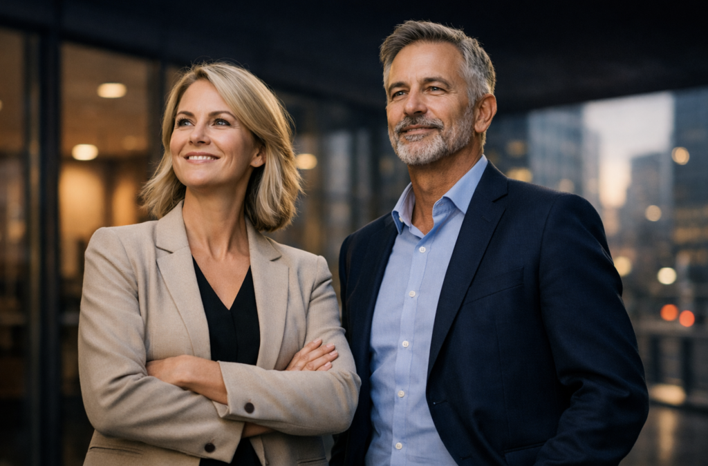 Senior mand og kvinde i moderne kontormiljø — energiske og fremadskuende. Flat Agers på arbejdsmarkedet.
