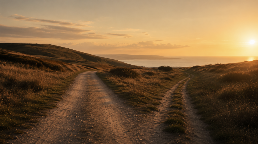 To stier deler sig i et roligt landskab ved solnedgang, som symbol på valget mellem kompetence og præference i karrieren